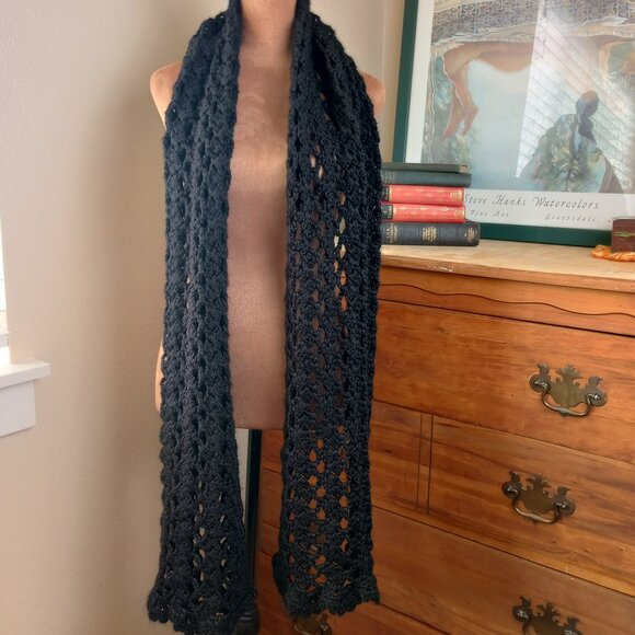 Handmade Long Chunky Black Crochet Scarf Witchy Boho Whimsygoth Layering Wrap - Picture 1 of 2